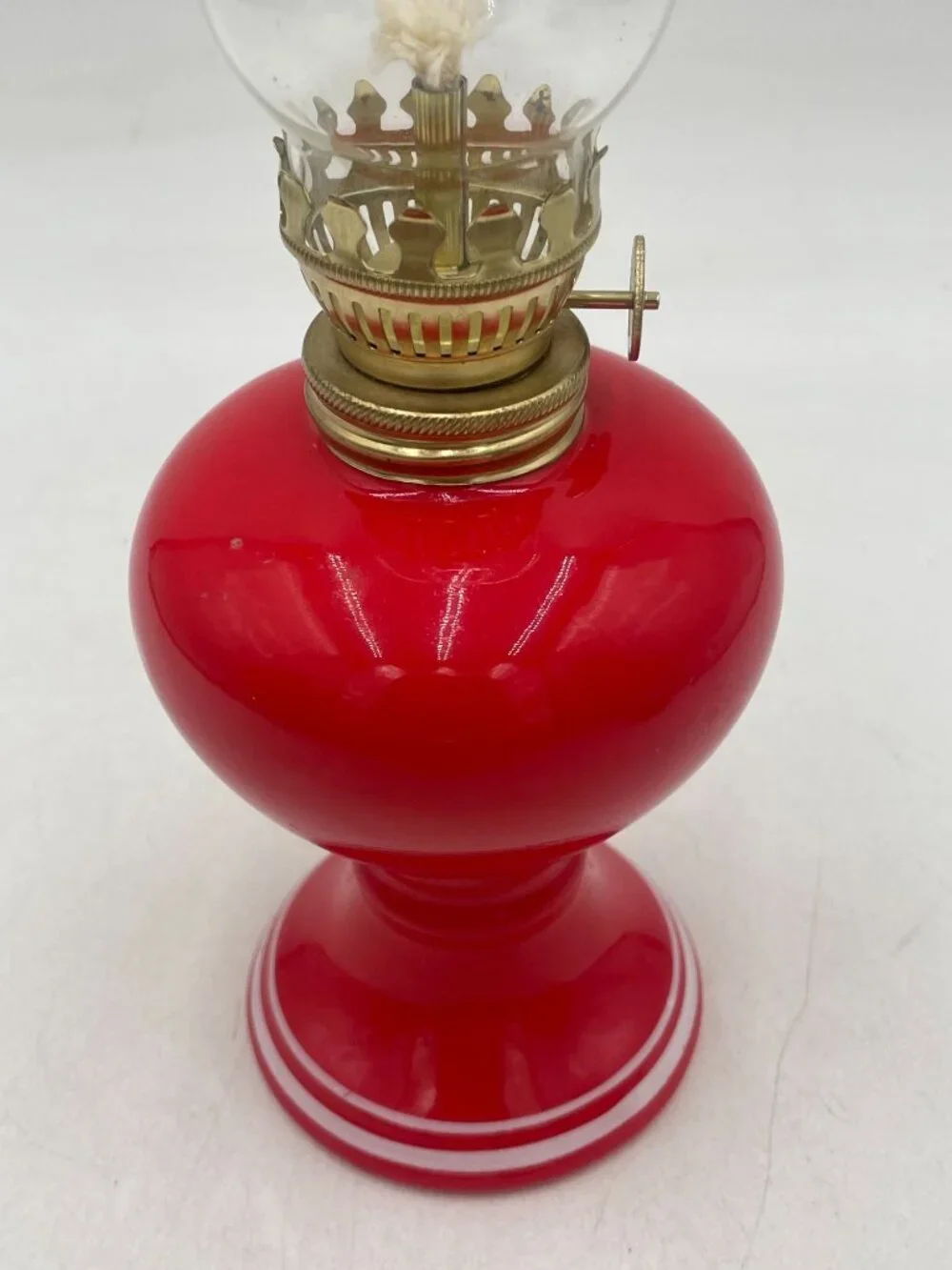 Vintage Red Glass Oil Lamp Brass Burner & Clear Chimney 10 Inches Tall